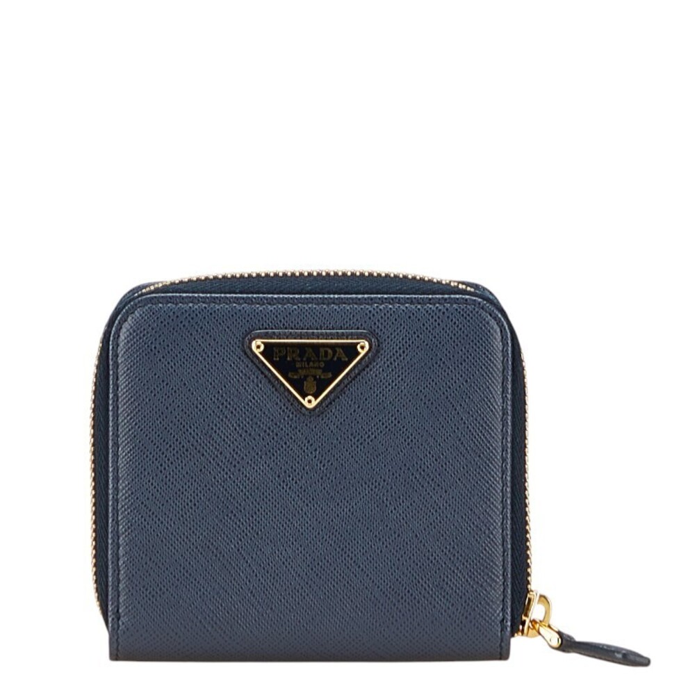 Prada triangular logo plate bifold wallet Navy Blue Saffiano leather